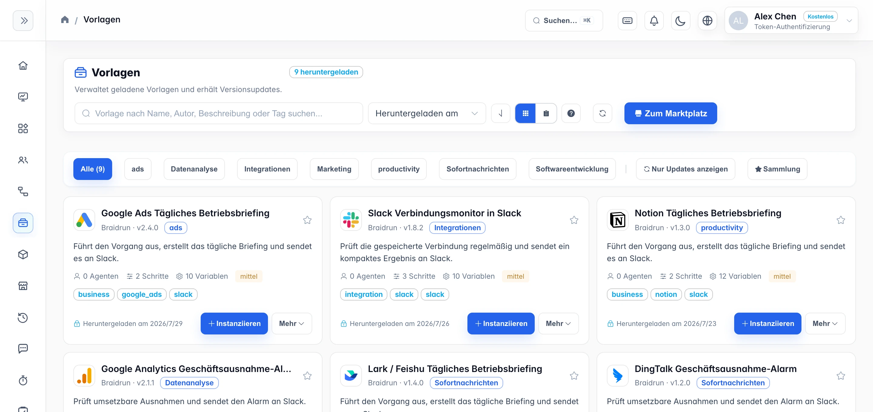 Screenshot der Braidrun-Vorlagengalerie