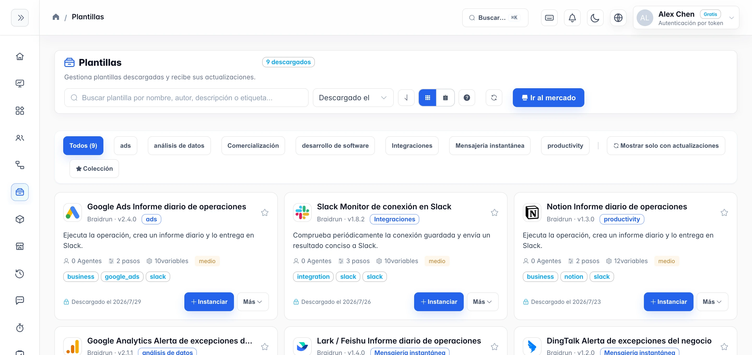 Captura de pantalla de la galería de plantillas de Braidrun