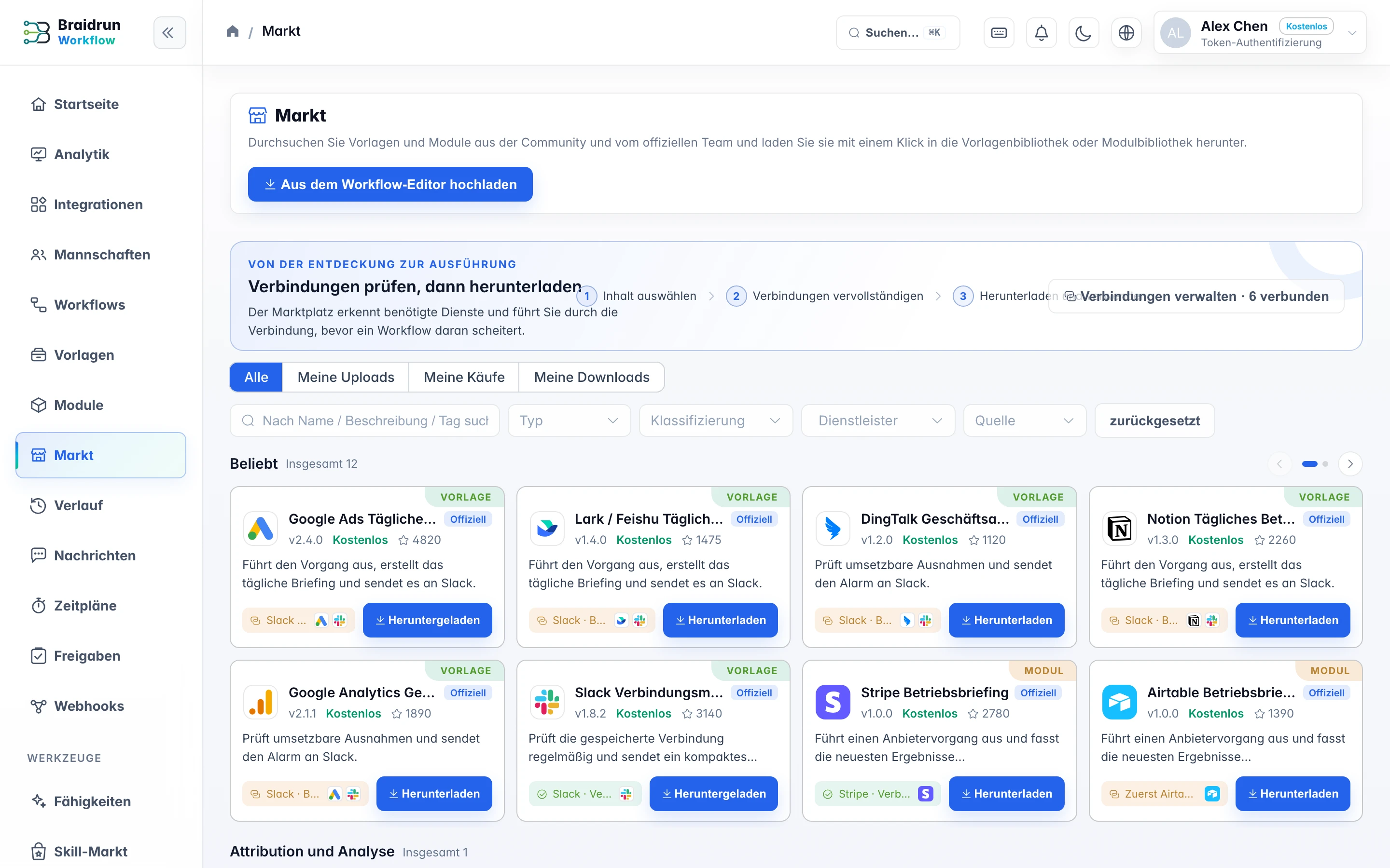 Screenshot des Braidrun-Marktplatzes für Vorlagen und Module